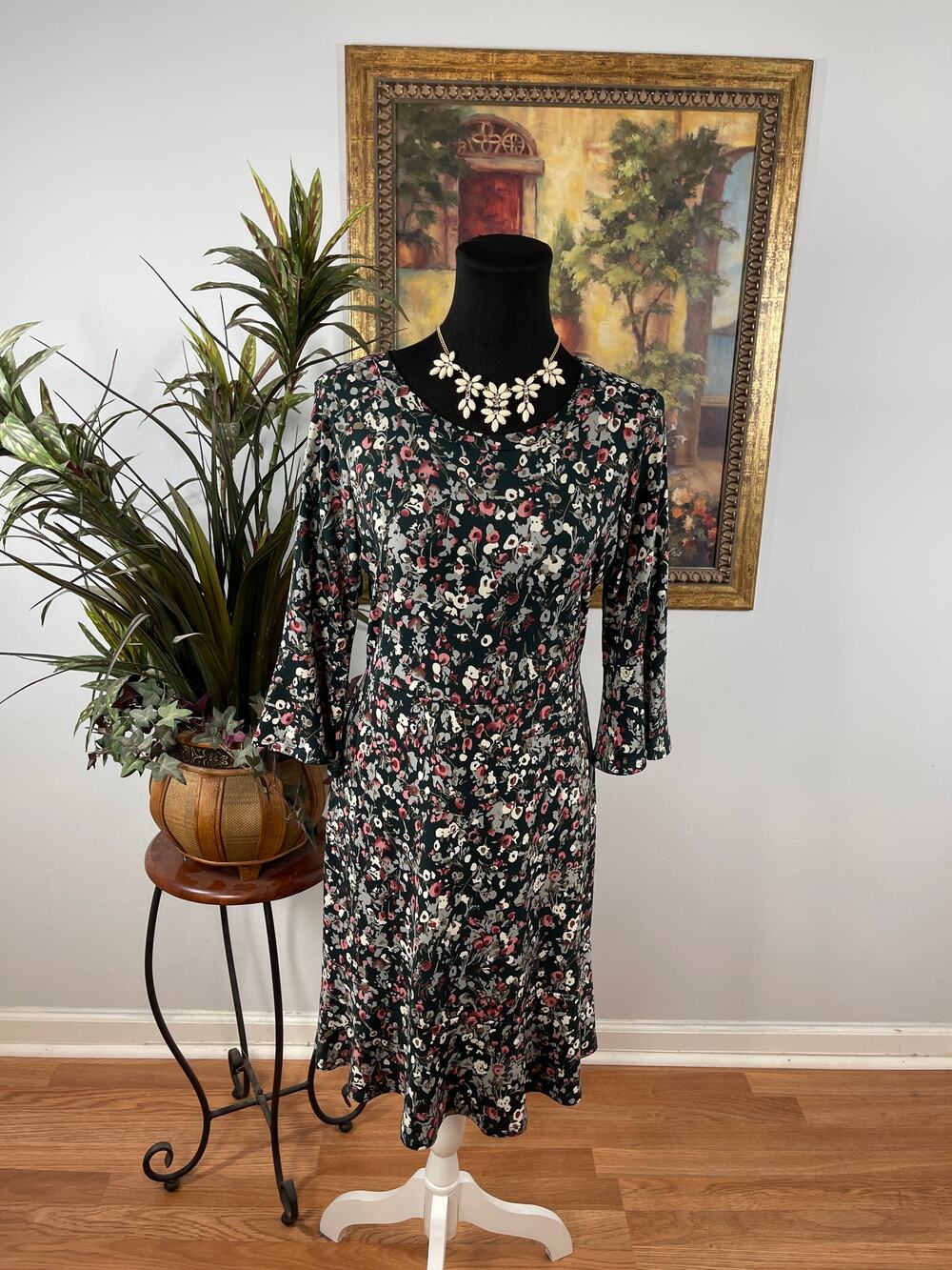 Kaileigh Fit & Flare Dress Women's Multicolor Floral 3/4 Bell Sleeve Cottagecore